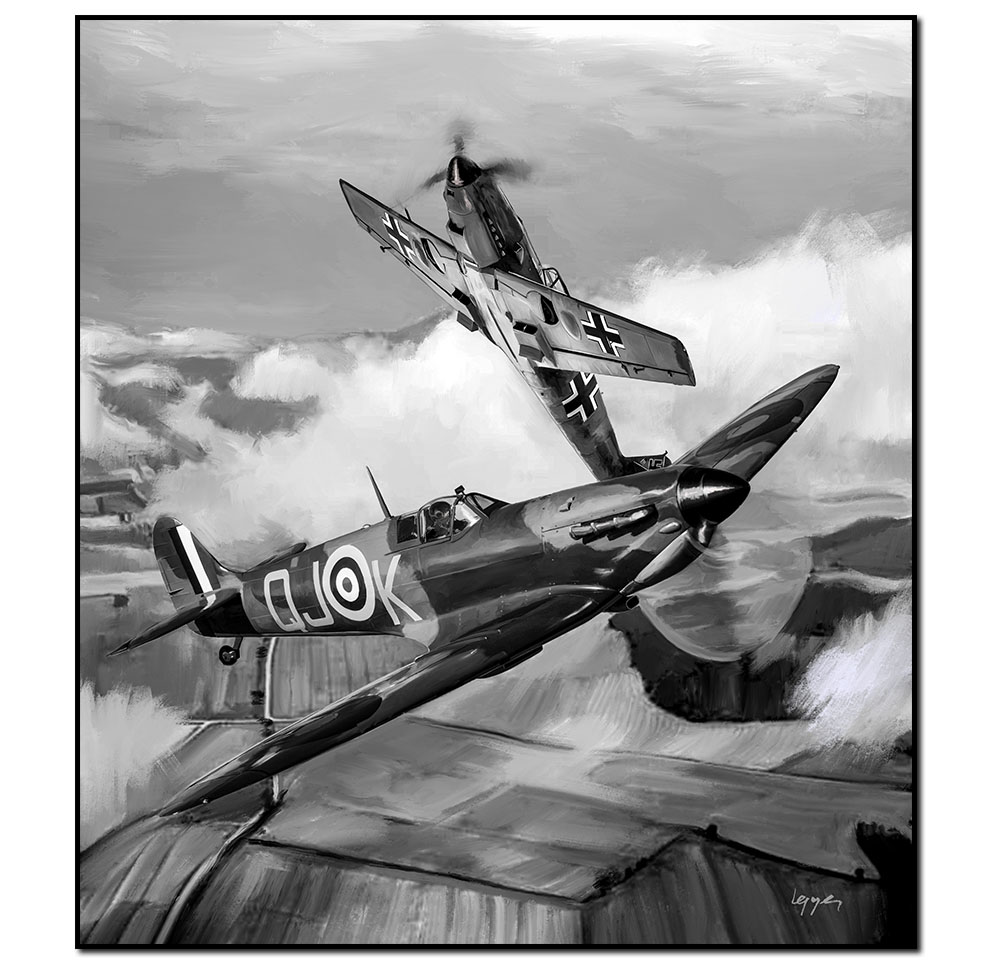 Spitfire Bf109 dogfight - tableau illustration - Philippe Lepape